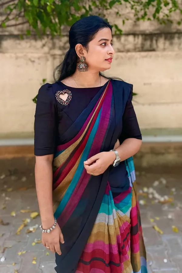 Elegant_Black_Linen_Cotton_Saree_With_Multicolor_Stripe_Border
