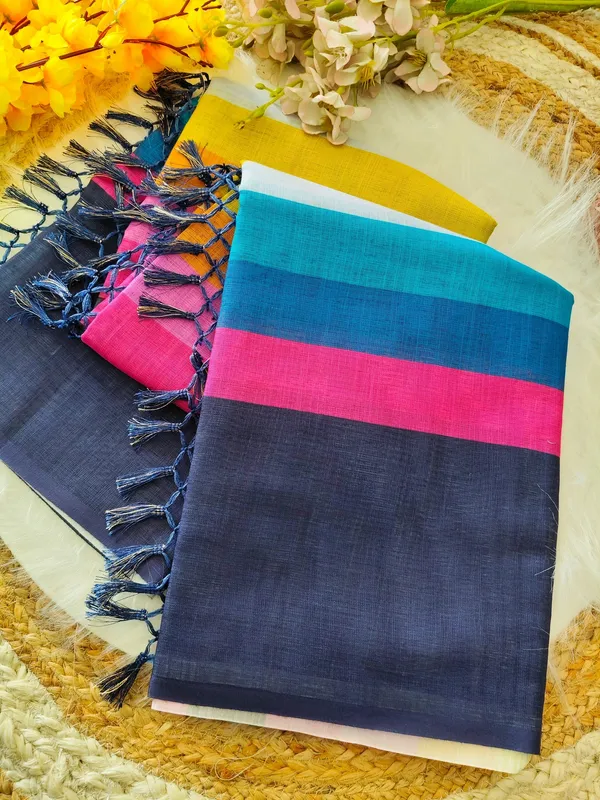 Elegant_Black_Linen_Cotton_Saree_With_Multicolor_Stripe_Border