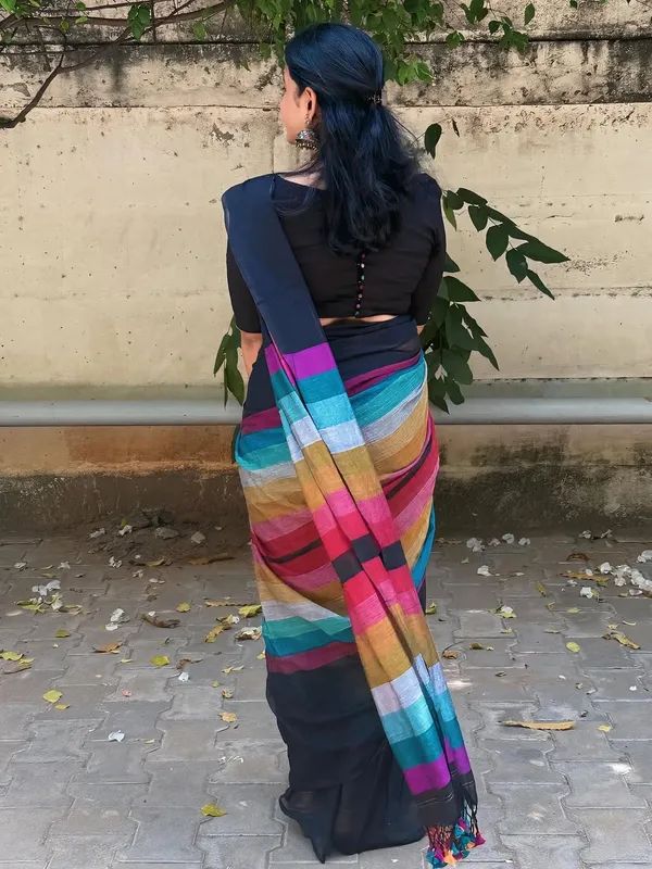 Elegant_Black_Linen_Cotton_Saree_With_Multicolor_Stripe_Border