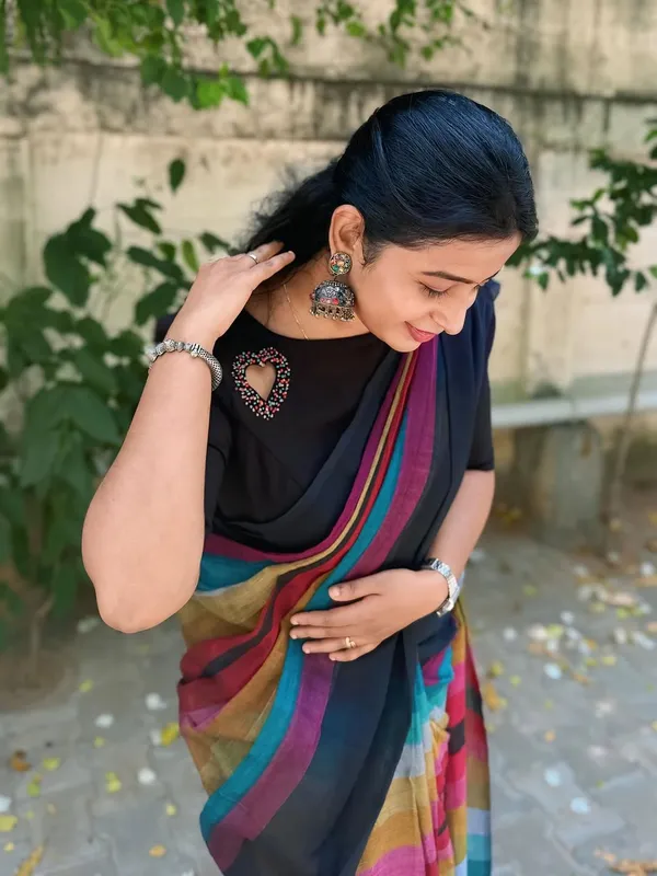 Elegant_Black_Linen_Cotton_Saree_With_Multicolor_Stripe_Border