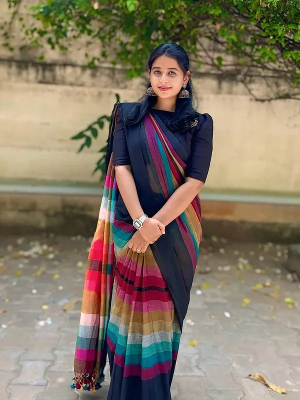 Elegant_Black_Linen_Cotton_Saree_With_Multicolor_Stripe_Border