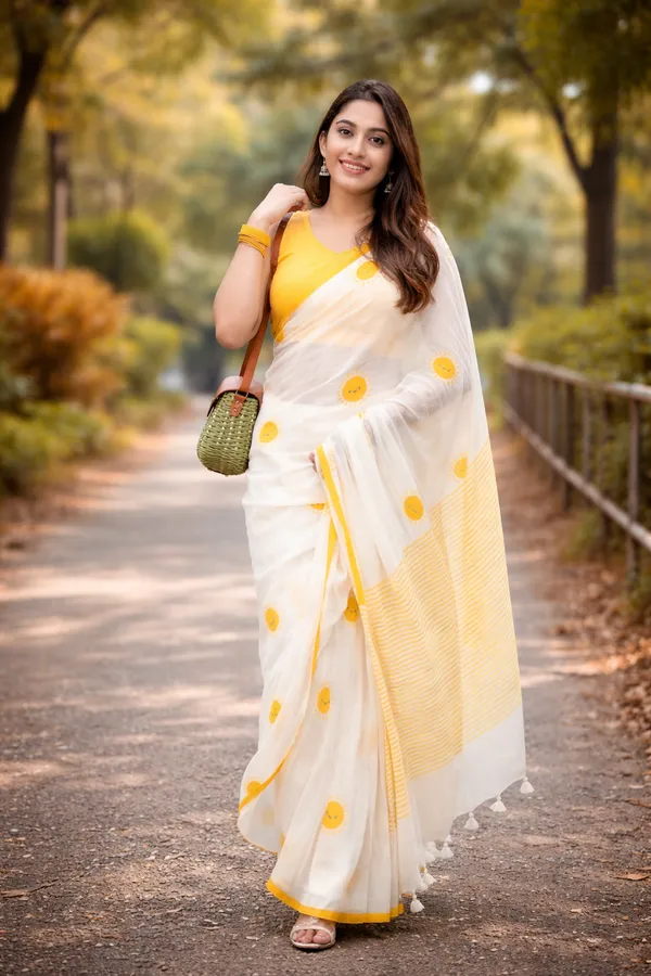 Sunshine_Bliss_White_Linen_Cotton_Saree_With_Yellow_Motifs