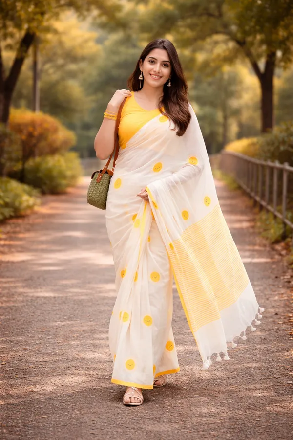 Sunshine_Bliss_White_Linen_Cotton_Saree_With_Yellow_Motifs