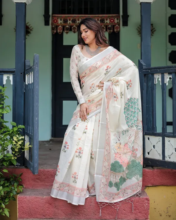 Vintage_Garden_Print_Off_White_Linen_Cotton_Saree