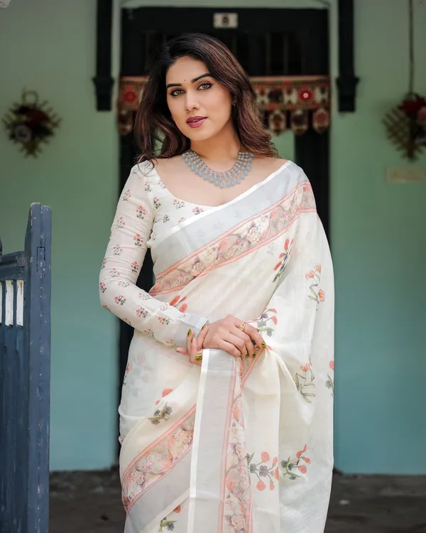 Vintage_Garden_Print_Off_White_Linen_Cotton_Saree