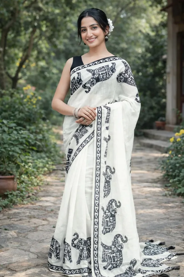 Elegant_Ivory_Linen_Saree_With_Black_Elephant_Print_Border