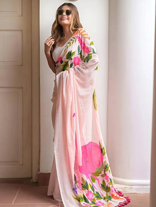 Blush_Pink_Floral_Printed_Organza_Saree_With_Elegant_Draping