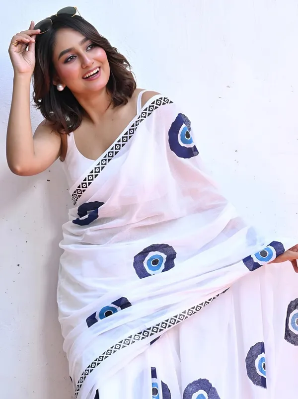White_Printed_Saree_With_Blue_Abstract_Motifs_Designer_Border