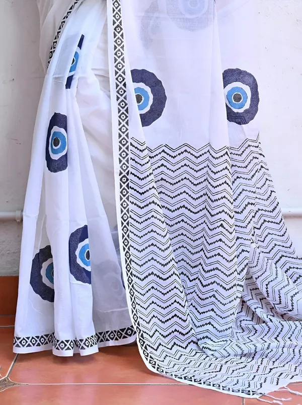 White_Printed_Saree_With_Blue_Abstract_Motifs_Designer_Border