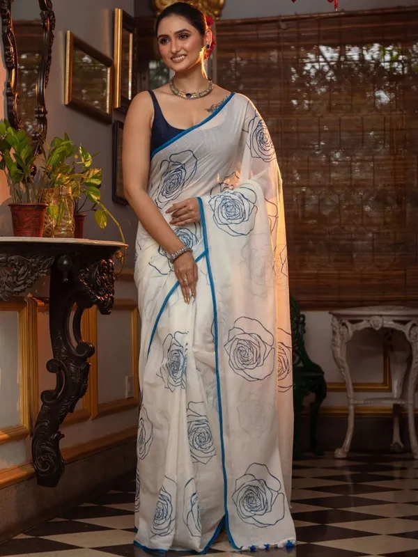 Elegant_White_Saree_With_Blue_Floral_Line_Print_Minimal_Border