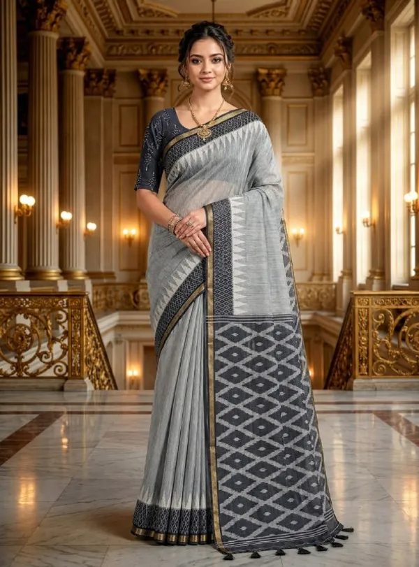Grey_Woven_Cotton_Blend_Saree_With_Designer_Border_Tassels