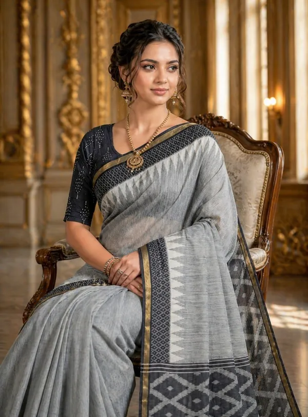 Grey_Woven_Cotton_Blend_Saree_With_Designer_Border_Tassels