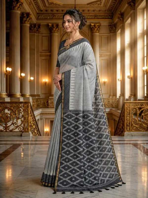 Grey_Woven_Cotton_Blend_Saree_With_Designer_Border_Tassels