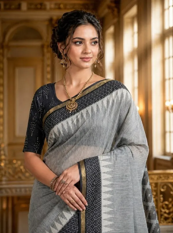 Grey_Woven_Cotton_Blend_Saree_With_Designer_Border_Tassels