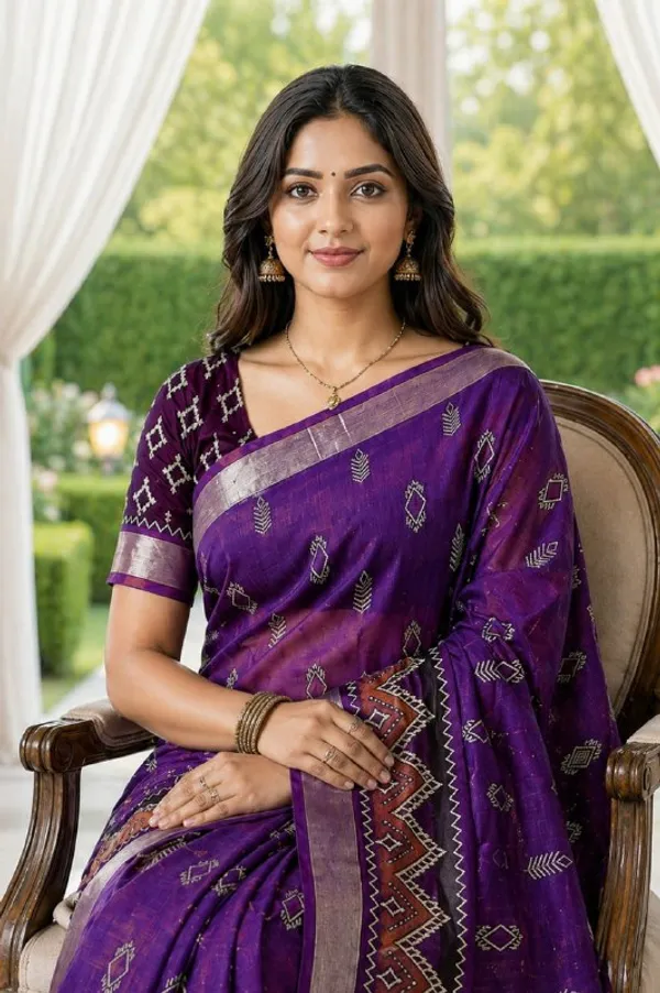 Royal_Purple_Woven_Cotton_Blend_Saree_With_Ethnic_Geometric_Border_Tassel_Pallu