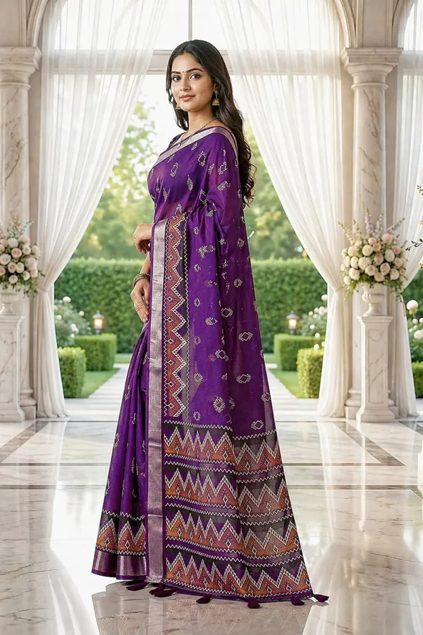 Royal_Purple_Woven_Cotton_Blend_Saree_With_Ethnic_Geometric_Border_Tassel_Pallu