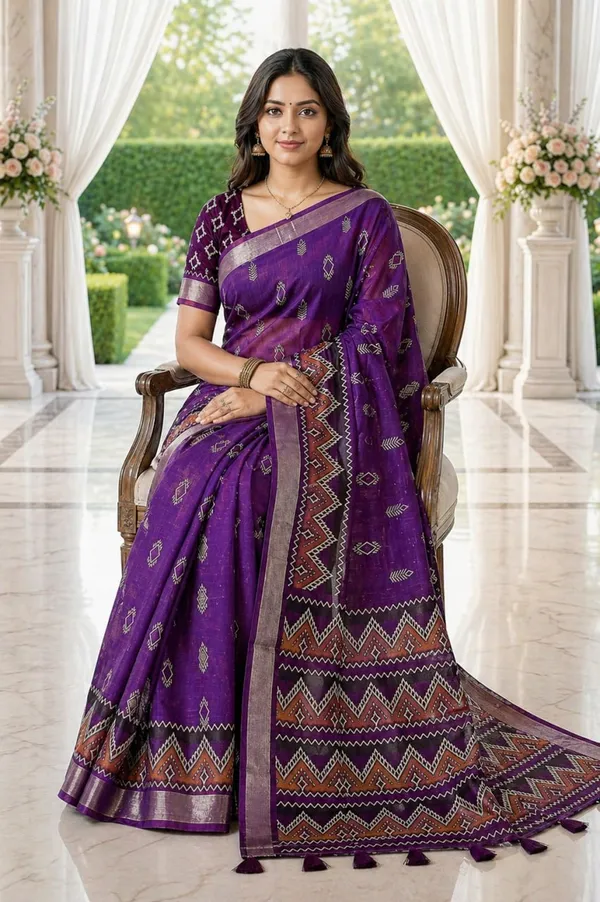 Royal_Purple_Woven_Cotton_Blend_Saree_With_Ethnic_Geometric_Border_Tassel_Pallu