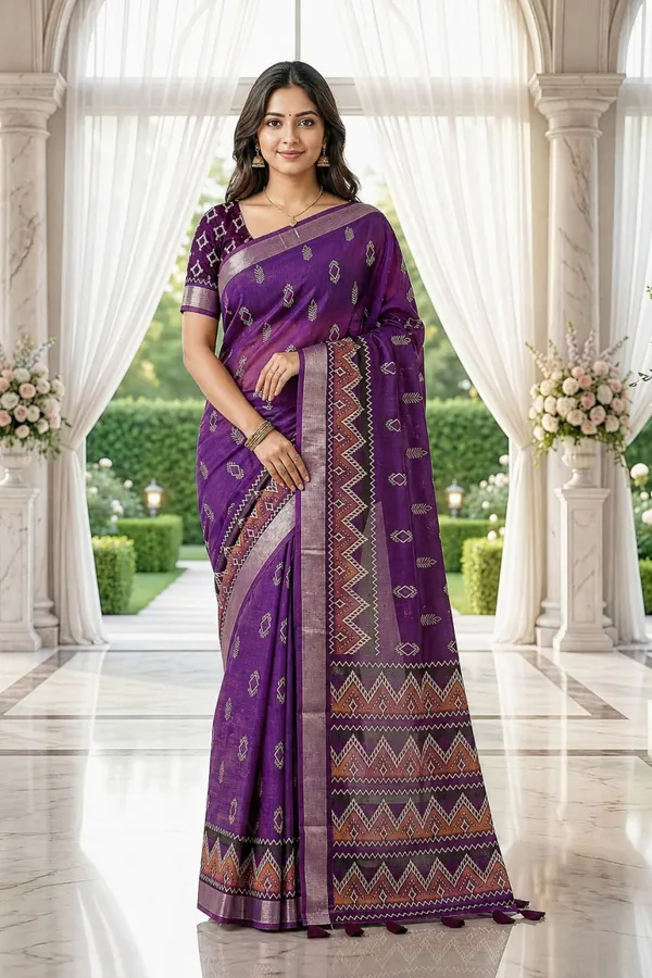 Royal_Purple_Woven_Cotton_Blend_Saree_With_Ethnic_Geometric_Border_Tassel_Pallu