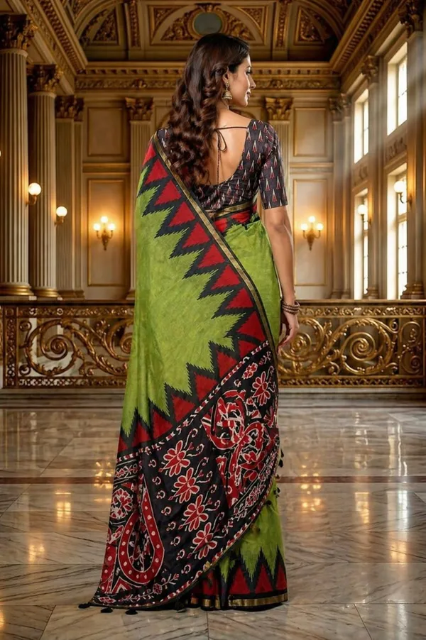 Olive_Green_Cotton_Blend_Saree_With_Tribal_Ikat_Border_Designer_Printed_Pallu