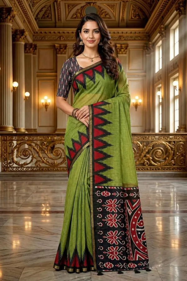 Olive_Green_Cotton_Blend_Saree_With_Tribal_Ikat_Border_Designer_Printed_Pallu