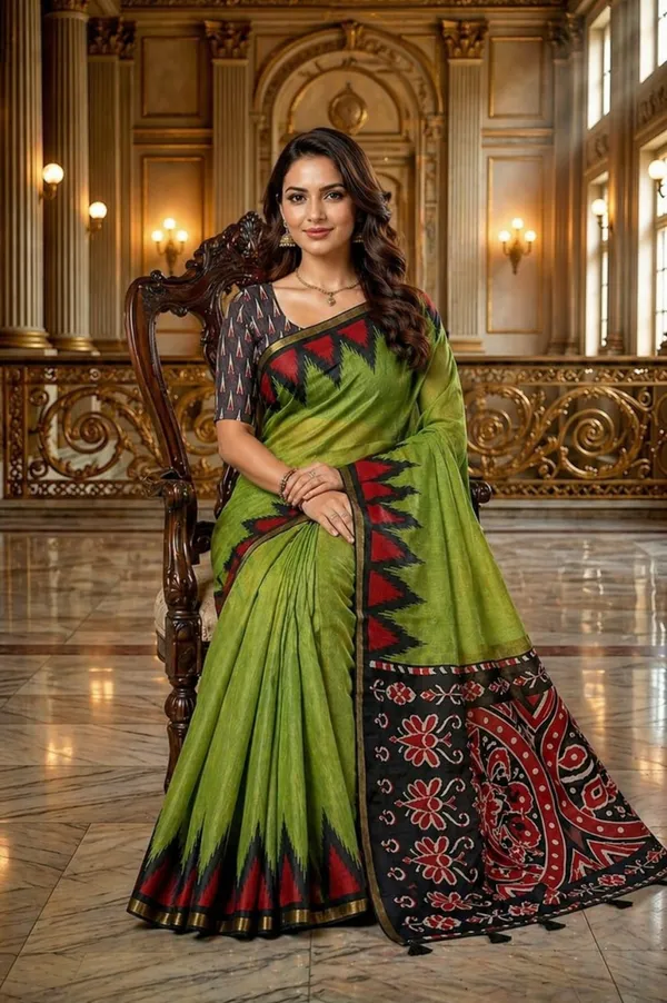 Olive_Green_Cotton_Blend_Saree_With_Tribal_Ikat_Border_Designer_Printed_Pallu