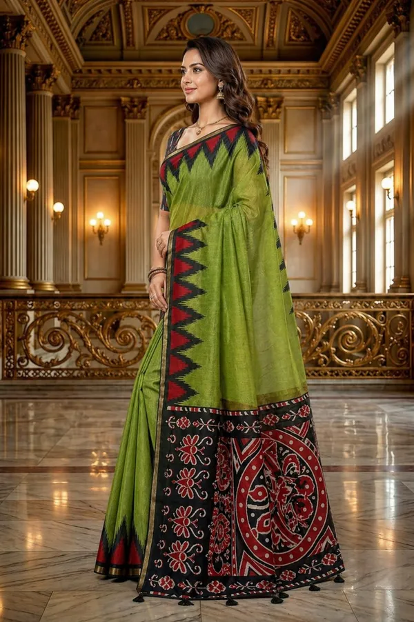 Olive_Green_Cotton_Blend_Saree_With_Tribal_Ikat_Border_Designer_Printed_Pallu