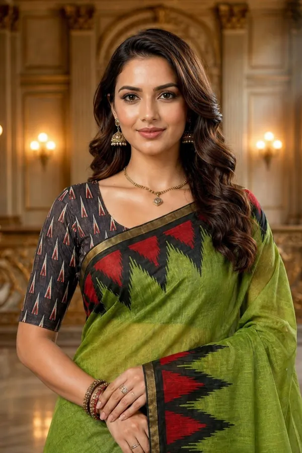 Olive_Green_Cotton_Blend_Saree_With_Tribal_Ikat_Border_Designer_Printed_Pallu