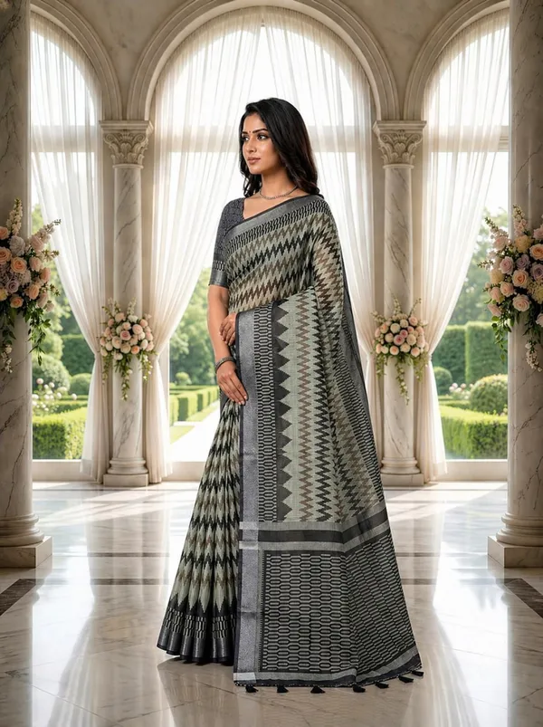 Grey_Black_Premium_Linen_Cotton_Saree_With_Contemporary_Geometric_Woven_Design