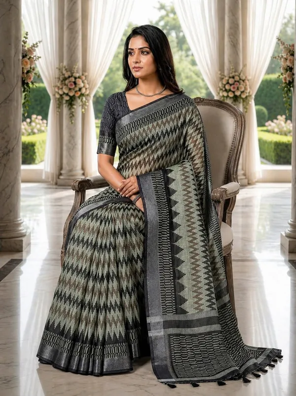 Grey_Black_Premium_Linen_Cotton_Saree_With_Contemporary_Geometric_Woven_Design