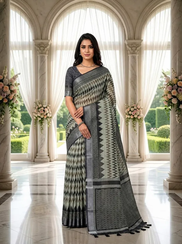 Grey_Black_Premium_Linen_Cotton_Saree_With_Contemporary_Geometric_Woven_Design