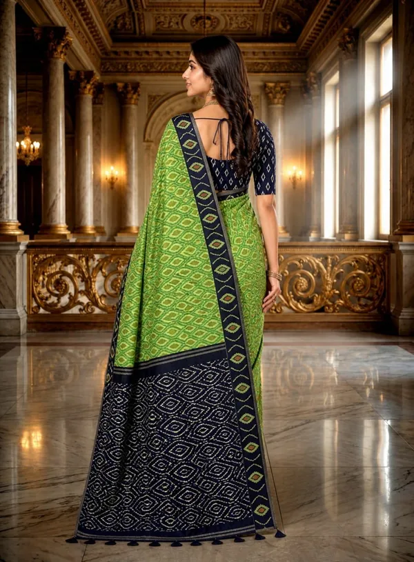 Lime_Green_Premium_Linen_Cotton_Saree_With_Navy_Blue_Ikat_Woven_Border_Designer_Pallu
