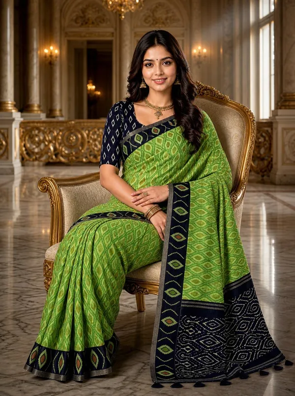 Lime_Green_Premium_Linen_Cotton_Saree_With_Navy_Blue_Ikat_Woven_Border_Designer_Pallu
