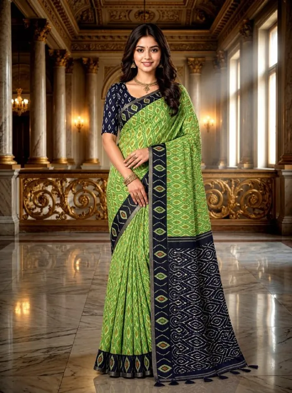Lime_Green_Premium_Linen_Cotton_Saree_With_Navy_Blue_Ikat_Woven_Border_Designer_Pallu