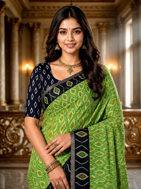 Lime_Green_Premium_Linen_Cotton_Saree_With_Navy_Blue_Ikat_Woven_Border_Designer_Pallu