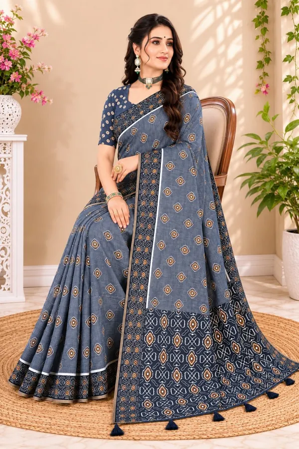 Blue_Premium_Linen_Cotton_Saree_With_Floral_Buta_Print_Designer_Border