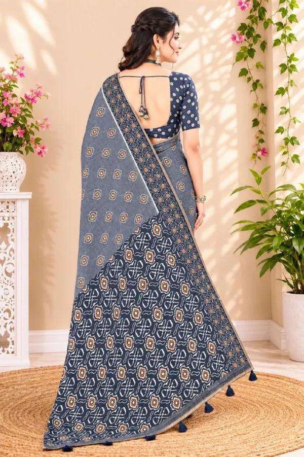 Blue_Premium_Linen_Cotton_Saree_With_Floral_Buta_Print_Designer_Border