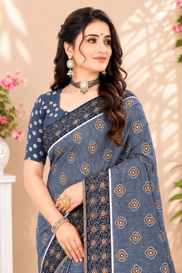 Blue_Premium_Linen_Cotton_Saree_With_Floral_Buta_Print_Designer_Border