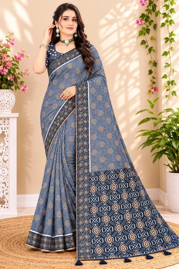 Blue_Premium_Linen_Cotton_Saree_With_Floral_Buta_Print_Designer_Border