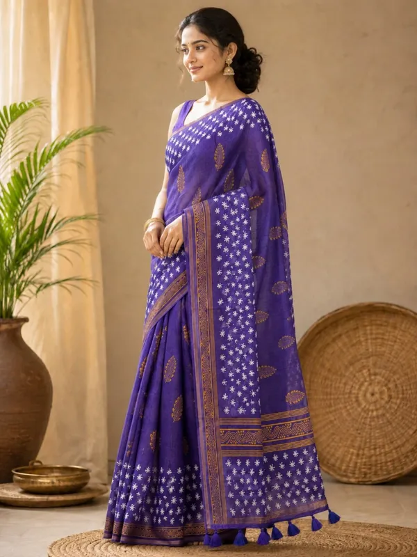 Royal_Purple_Premium_Linen_Cotton_Saree_With_Golden_Floral_Motifs_Designer_Border