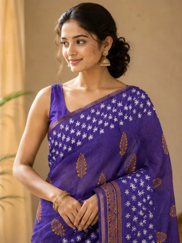 Royal_Purple_Premium_Linen_Cotton_Saree_With_Golden_Floral_Motifs_Designer_Border