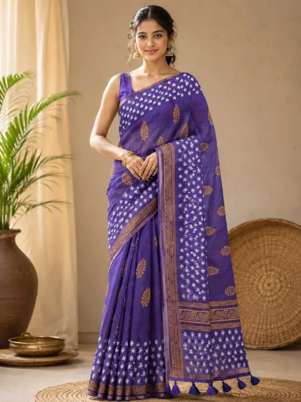 Royal_Purple_Premium_Linen_Cotton_Saree_With_Golden_Floral_Motifs_Designer_Border