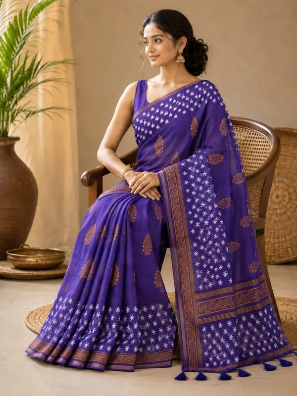 Royal_Purple_Premium_Linen_Cotton_Saree_With_Golden_Floral_Motifs_Designer_Border