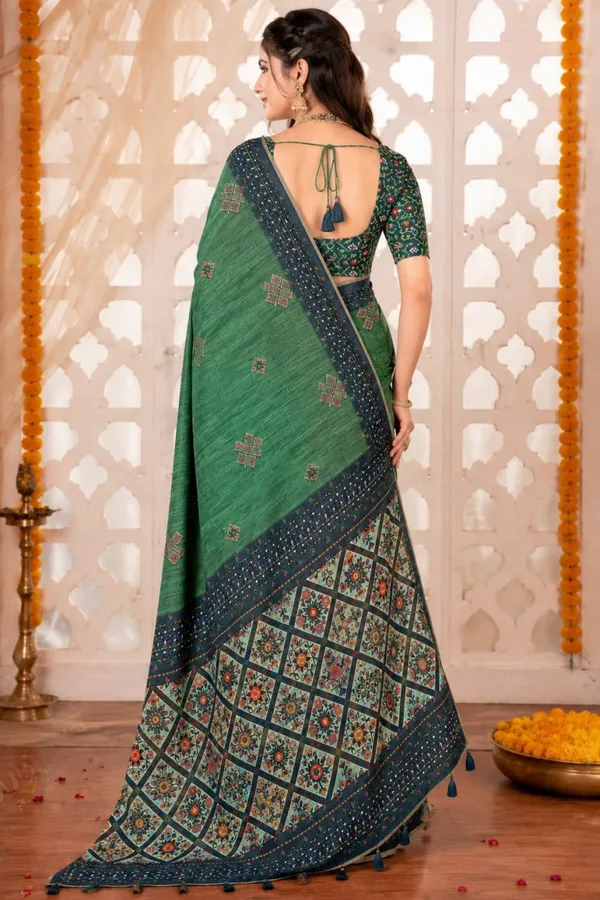 Emerald_Green_Premium_Linen_Cotton_Saree_With_Ethnic_Floral_Mosaic_Print_Designer_Border