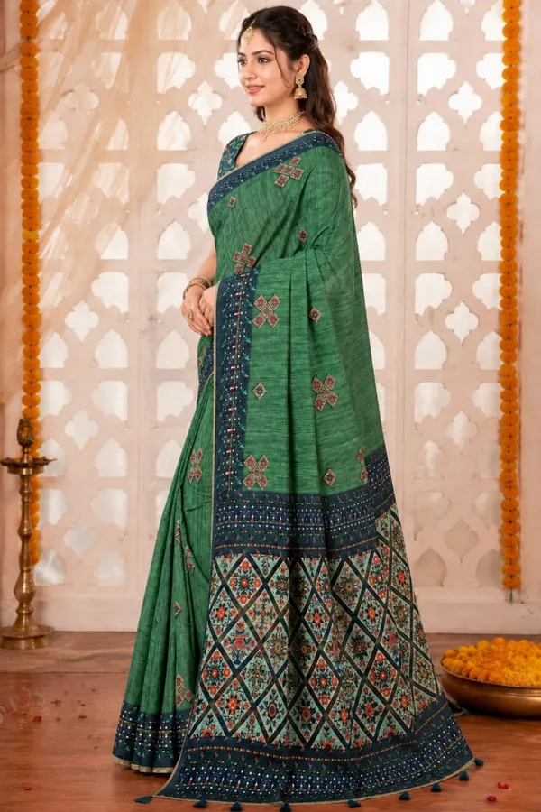 Emerald_Green_Premium_Linen_Cotton_Saree_With_Ethnic_Floral_Mosaic_Print_Designer_Border