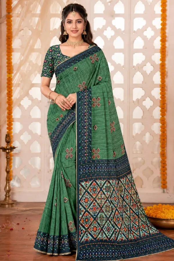 Emerald_Green_Premium_Linen_Cotton_Saree_With_Ethnic_Floral_Mosaic_Print_Designer_Border