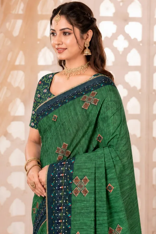 Emerald_Green_Premium_Linen_Cotton_Saree_With_Ethnic_Floral_Mosaic_Print_Designer_Border