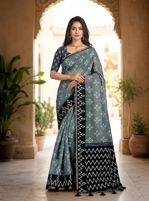 Slate_Grey_Premium_Linen_Cotton_Saree_With_Bandhani_Inspired_Motifs_Designer_Zigzag_Border