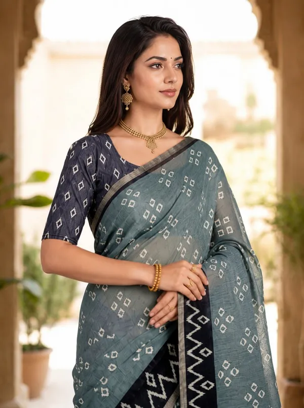 Slate_Grey_Premium_Linen_Cotton_Saree_With_Bandhani_Inspired_Motifs_Designer_Zigzag_Border