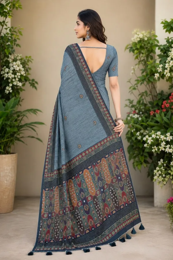 Steel_Grey_Premium_Linen_Cotton_Saree_With_Ethnic_Mosaic_Pallu_Designer_Border