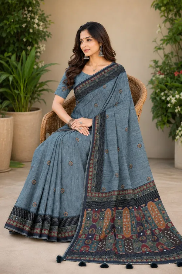 Steel_Grey_Premium_Linen_Cotton_Saree_With_Ethnic_Mosaic_Pallu_Designer_Border